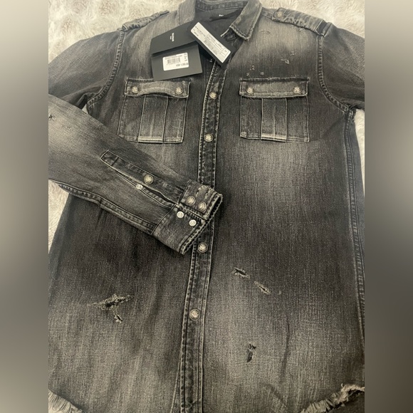 Balmain Grey Denim Embossed Logo Shirt Sz 38/M - Picture 6 of 11
